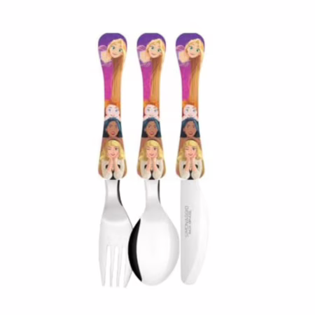 SIMONAGGIO Jogo de Talheres Infantil Disney Kids Princesas - Kit de Talheres de Aço Inox Com Cabo Plástico - Multicor - 3 Peças