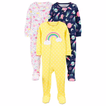 Simple Joys by Carter's Pacote com 3 pijamas de algodão com pés de ajuste confortável para meninas