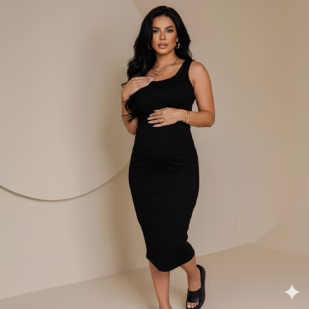 Vestido Ribana de Algodão Para Gestante Midi Maternidade