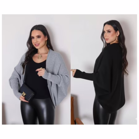 Capa Poncho Blusa Feminina em Tricot Manga Longa Outono/Inverno