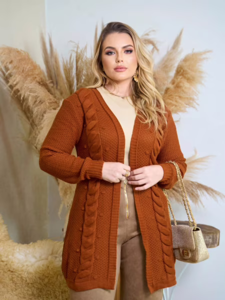 Casaco Cardigan Aberto Manga Longa Tranças Tricô Inverno Lançamento