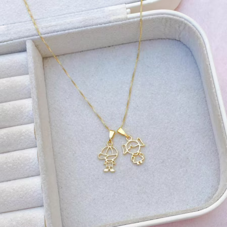 Colar Casal Vazado Menino Menina Filhos Banho Ouro 18k Presente Cordão Dia das Mães Acessórios Femininos