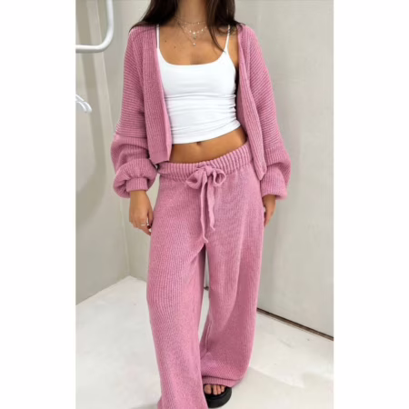 🛍️ Conjunto Feminino de Tricot Mousse Premium Casaco Cardigan e Calça Com Amarração Tricô Fio Musse Moda Blogueira
