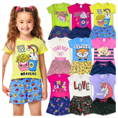 Conjuntos Menina Infantil Camiseta/Blusa + Shorts/Bermuda