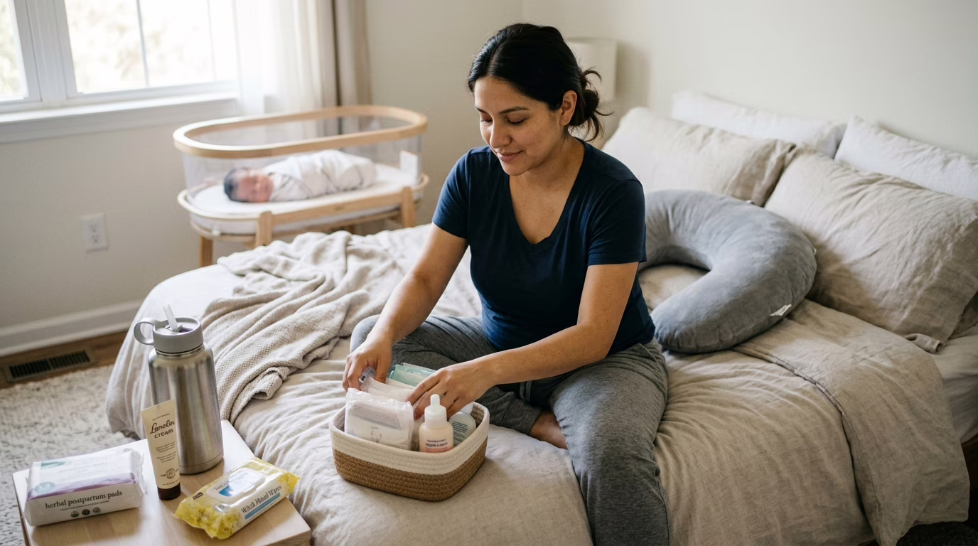 Mãe recém-parida segurando bebê no colo, com expressão de cuidado e carinho