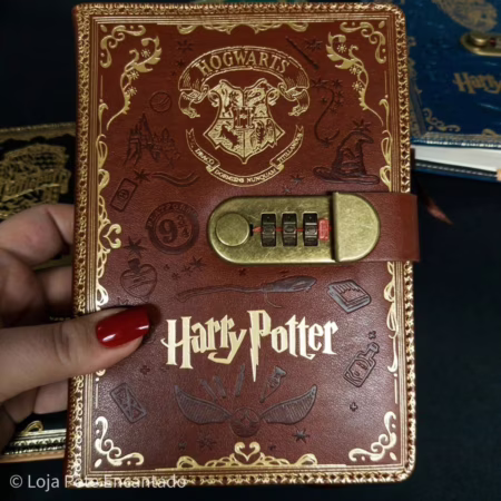 Diário Harry Potter Couro Decorado com Senha Caderno Papelaria Hogwarts Sonserina
