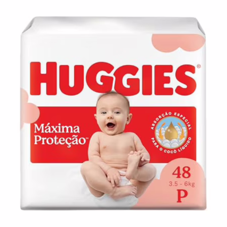 Fralda Descartável Huggies Máxima Proteção Tamanho P 48 unidades – com absorção especial para cocô líquido e indicador de troca.