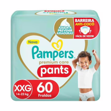 Fralda Pampers Premium Care Pants Tamanho XXG, Fácil de Vestir, 60 Unidades