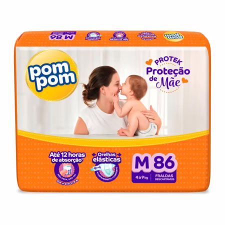 Fraldas Descartáveis Pom Pom Protek Proteção de Mãe M com Derma Protek 86 Unidades