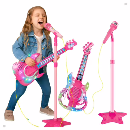 Guitarra Com Microfone Pedestal Som Luzes Sai Voz Conecta Mp3 Celular Cabo P2 Guitarrinha Brinquedo