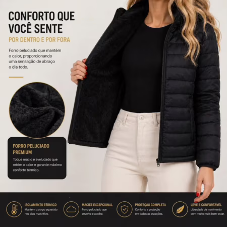 Jaqueta Feminina Peluciada Bobojaco Puffer Com Capuz Inverno