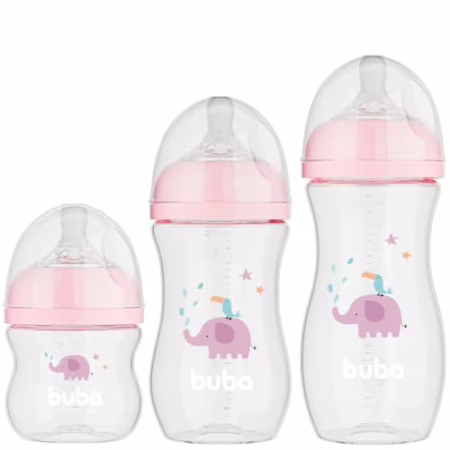 Kit 3 Mamadeiras Easy Flow Elefante Buba 120, 270 e 330ml - Rosa