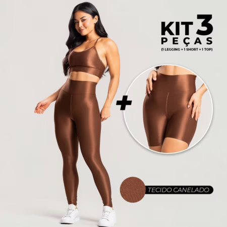 🛍️ Kit 3 Peças Academia Feminino – Conjunto com Legging, Short e Top Brilhoso Confortável