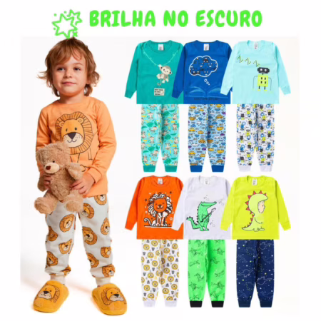 Kit 4 Peças Pijama Brilha no Escuro Sortido Infantil Menino Inverno Roupa Infantil Masculina