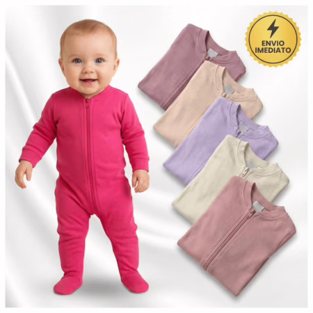 Kit 5 Macacão Menina Liso Bebê Algodão Zíper Vira Pé Inverno Infantil Macio Macacões