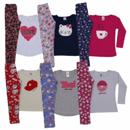 kit 6 Peças de Roupa Infantil Menina | 3 Calças Legging + 3 Blusas