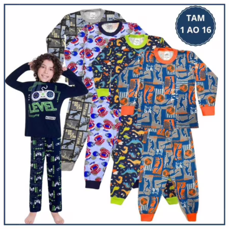 Kit 6 Peças Pijama Infantil Inverno Menino 3 Camiseta Manga 3 Calça Masculino em  Algodão 1 ao 16