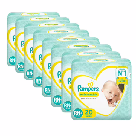 Kit 8 Fralda Descartável Pampers Premium Care Recém-Nascido RN+ 160 Tiras