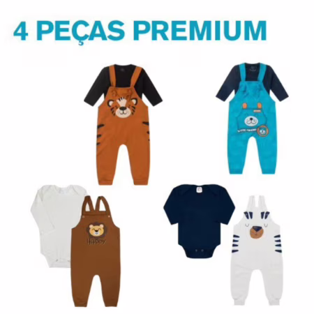 Kit Conjunto Jardineira 4 Peças Bebê Manga Longa Menino Sortidas - Inverno- 2Body/2Jardineira