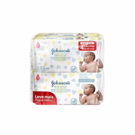 Kit Lenço Umedecido Johnson's Baby Recém-Nascido com 192 unidades - 4 pacotes com 48