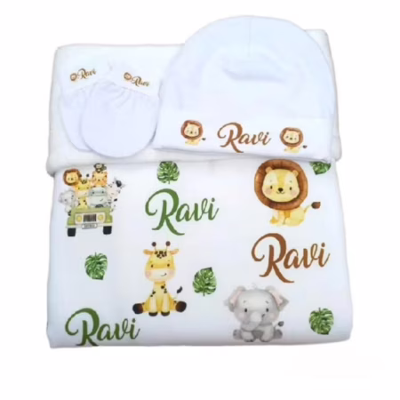 kit manta touca e Luvas  personalizados com nome do bebê menino menina