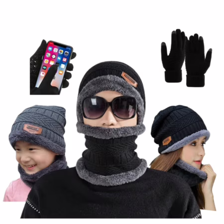 Kit Toca de Frio Touca Gorro + Luva de Frio Touch Screen + Cachecol Feminino Masculino Echarpe