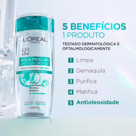 L'Oréal Paris Água Micelar Efeito Matte Solução de Limpeza Facial 5 em 1, 200ml
