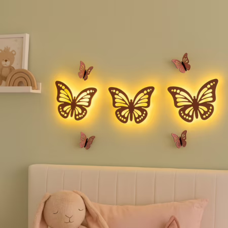 Luminária de Parede Borboleta com LED – Kit 7 Peças Decorativas em MDF para Quarto Infantil, Bebê