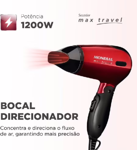 MONDIAL Secador, Max Travel, Bivolt, Preto/Vermelho, 1200W - SC-10