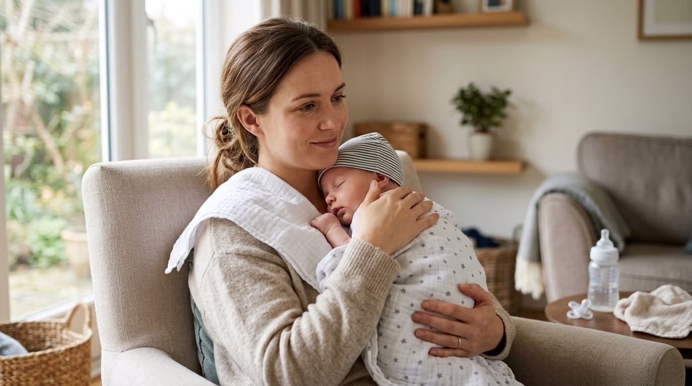 Mãe segurando bebê recém-nascido no ombro para arrotar