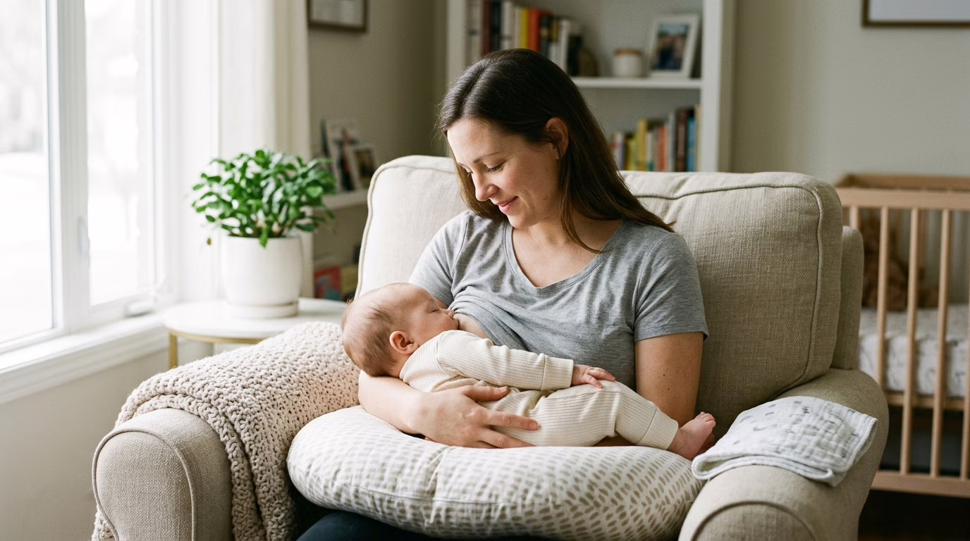 Bebê mamando no peito da mãe, com expressão relaxada e olhos fechados