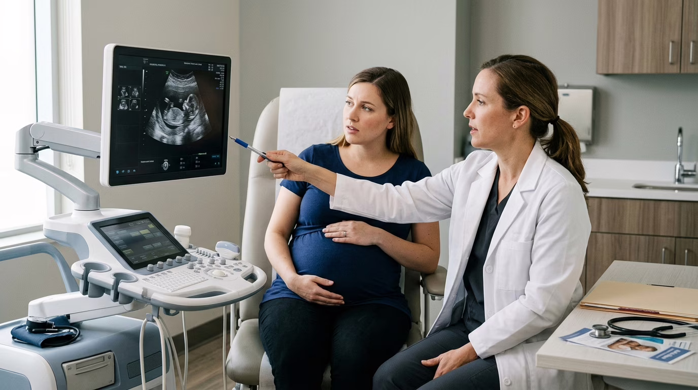Ilustração mostrando a posição da placenta prévia no útero, com a placenta cobrindo parcialmente o colo do útero.