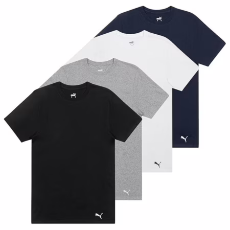PUMA Pacote com 4 camisetas masculinas de algodão com gola redonda e manga curta, Preto/cinza/branco/azul marinho, M