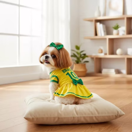 Roupa Pet Seleção Brasil Copa Vestido Laço - Gatos/cachorros
