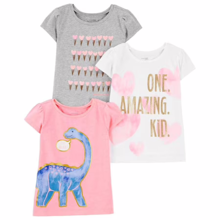Simple Joys by Carter's Camisetas e blusas de manga curta para meninas, pacote com 3, Corações cinza/dinossauro rosa/impressão de texto branco, 2 Anos