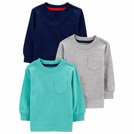 Simple Joys by Carter's Pacote com 3 camisetas de manga comprida para meninos, Azul/cinza/azul-marinho, 6-9 Meses