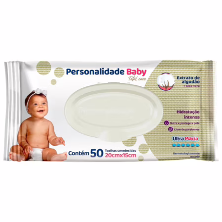 Toalha Umedecida Personalidade Baby Total Care Extrato de Algodão e Aloe Vera  Ultra Macia com 50 Unidades