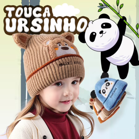 Touca Infantil Gorro Forrada Pompom Com Estampa Urso Quentinha Forrada Frio Moda Outono Inverno Para 2 a 4 anos