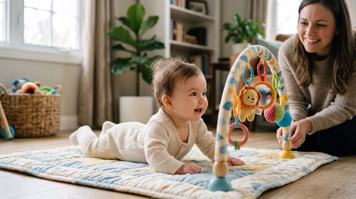 Bebê feliz fazendo tummy time em tapete colorido, com mãe sorrindo ao lado