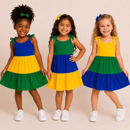 Vestido Infantil Brasil Multicolorido Alça De Amarrar (Tam. 1 a 8 anos)