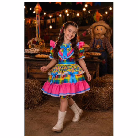 Vestido Infantil Festa Junina Caipira Xadrez Colorido Quadrilha