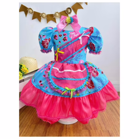 Vestido Infantil Junino Festas Azul Florzinhas Coloridas