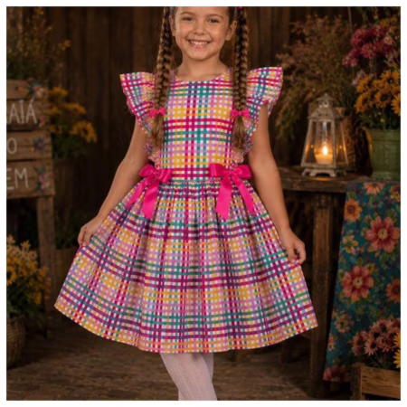 Vestido Infantil Menina Xadrez Luxo Para Festas Juninas Quadrilhas Disponível Em 2 Cores