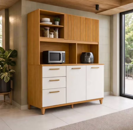 Armário Compacto Kit Cozinha Poliman Com 5 Portas 2 Gavetas Sicília Médio Mdp Pintura Uv Branco Cor Freijó Off Ripado Frisado