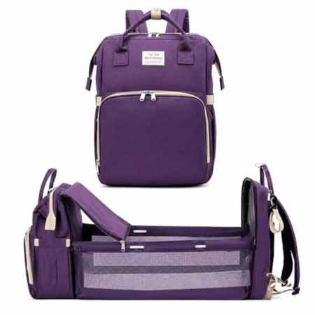 Bolsa Maternidade Multifuncional com Berço Portátil Mochila Impermeável Grande Capacidade para Mamãe e Bebê com Compartimentos Térmicos Organizador de Fraldas e Acessórios Roxa