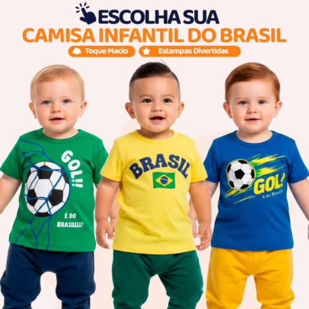 Camiseta Brasil Copa do Mundo 2026 Roupa Infantil Seleção Brasileira Confortável Algodão Amarelo, Azul, Verde 1 a 10 anos