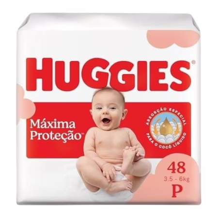 Fralda Descartável Huggies Máxima Proteção Tamanho P 48 unidades – com absorção especial para cocô líquido e indicador de troca.