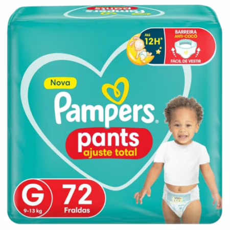 Fralda Pampers Pants Ajuste Total Tamanho G  Fácil de Vestir  72 Unidades