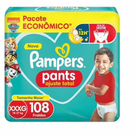 Fralda Pampers Pants Ajuste Total tamanho XXXG, Fácil de Vestir, 108 Unidades