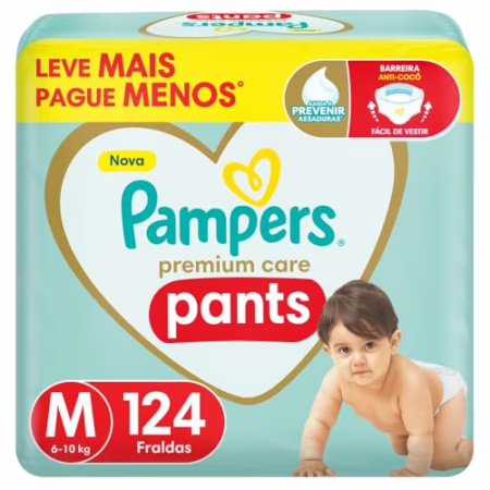 Fralda Pampers Pants Premium Care M 124 unidades, Pacotão • B